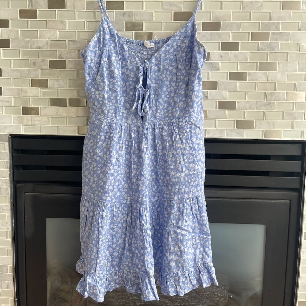 Blue sundress with white flowers, front ties